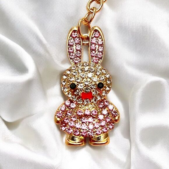 White and Pink Rhinestone Bunny Gold Tone Keychain - Picture 3 of 3